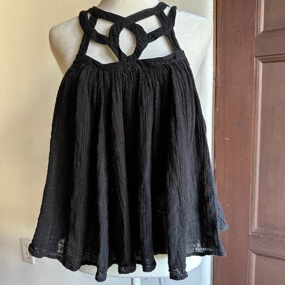 FREE PEOPLE | FP One Black Gauze Lattice Neck Swing Tank Geo blouson Boho Small - Picture 1 of 5